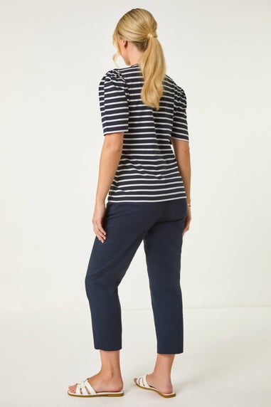 Roman Navy Petite Stripe Ruched Top
