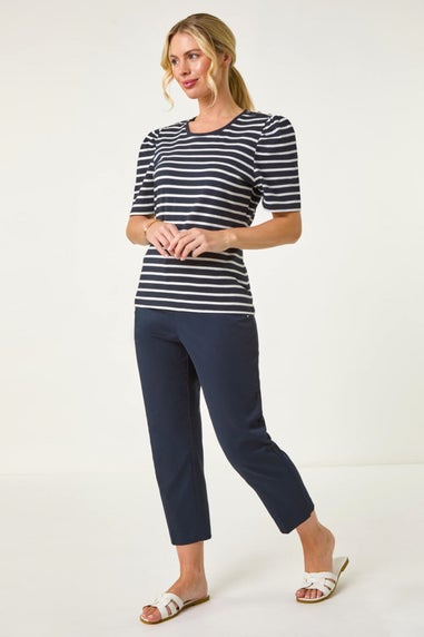 Roman Navy Petite Stripe Ruched Top