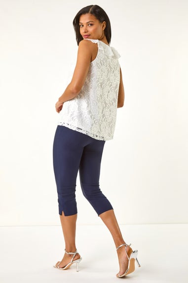 Roman Ivory Lace V Neck Ruffle Front Top