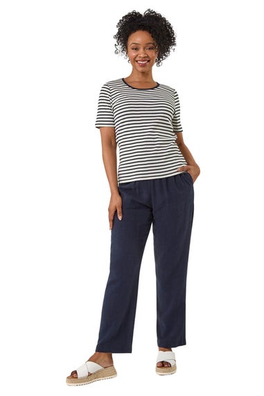 Roman Navy Petite Stripe Short Sleeve Stretch Top
