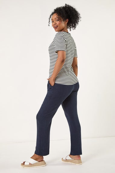 Roman Navy Petite Stripe Short Sleeve Stretch Top