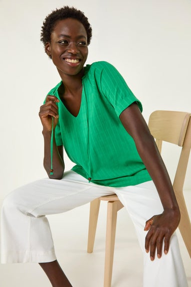 Roman Green Textured Tie V Neck Top
