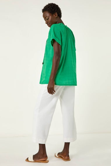Roman Green Textured Tie V Neck Top