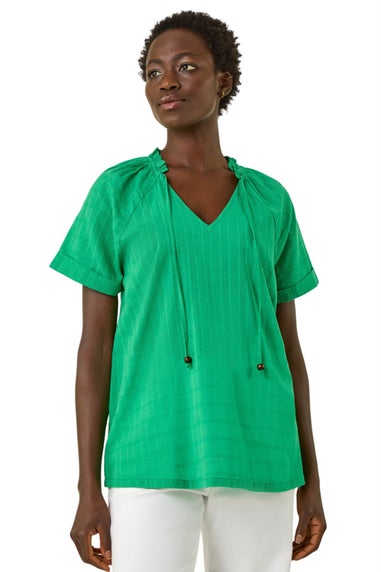 Roman Green Textured Tie V Neck Top