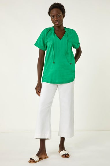 Roman Green Textured Tie V Neck Top