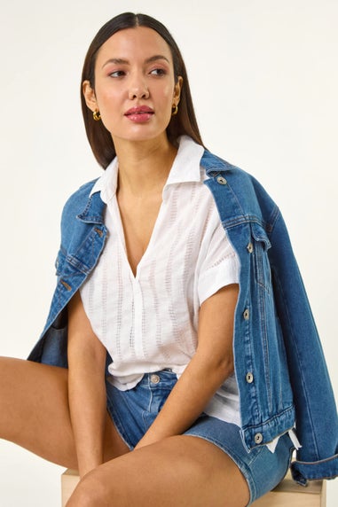 Roman Ivory Textured Collar V Neck Top