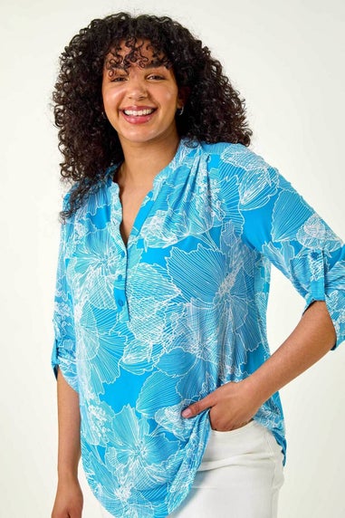 Roman Turquoise Curve Textured Floral Print V Neck Shirt