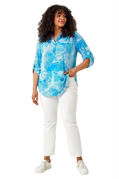 Roman Turquoise Curve Textured Floral Print V Neck Shirt