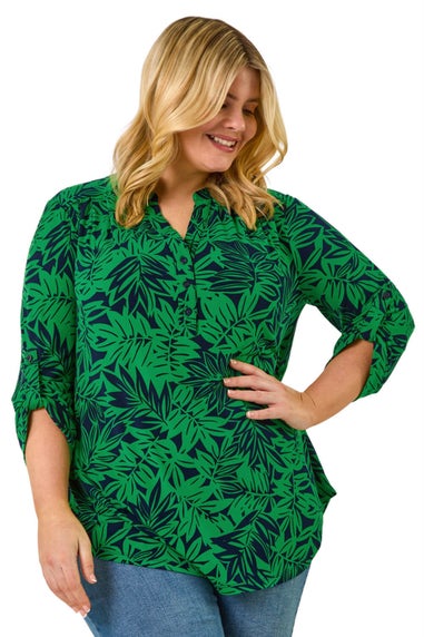 Roman Green Curve Leaf Print Button Stretch Shirt