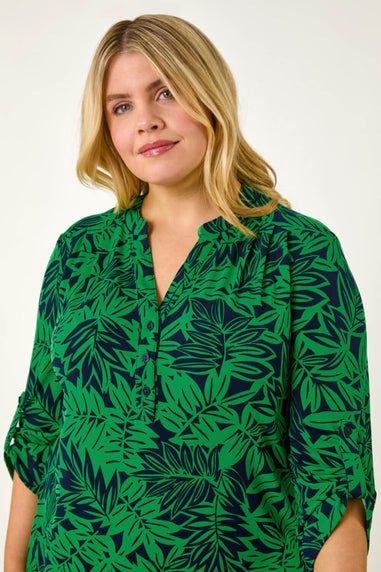 Roman Green Curve Leaf Print Button Stretch Shirt