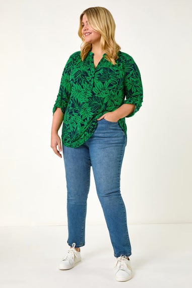 Roman Green Curve Leaf Print Button Stretch Shirt