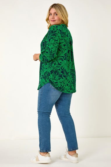Roman Green Curve Leaf Print Button Stretch Shirt