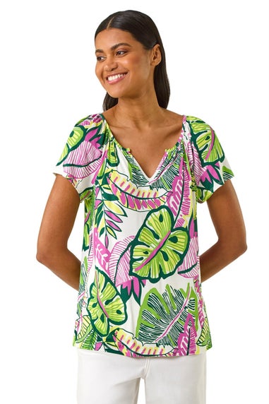 Roman Pink Leaf Print V Neck Stretch Top