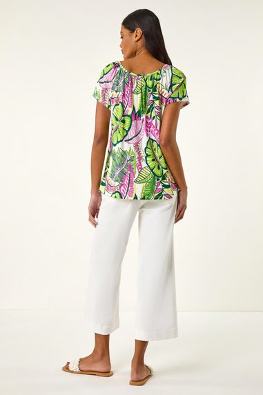 Roman Pink Leaf Print V Neck Stretch Top
