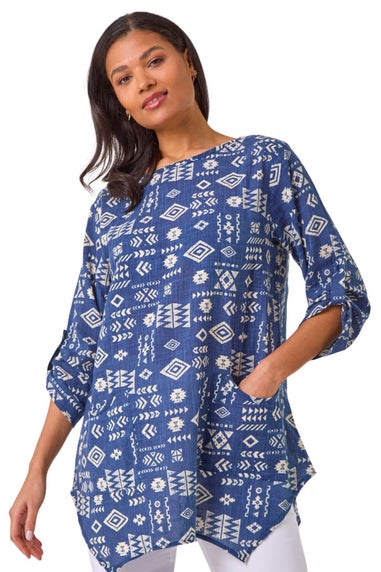 Roman Navy Longline Print Tunic Top