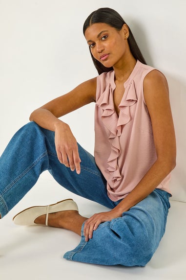 Roman Light Pink Ruffle V Neck Vest Top