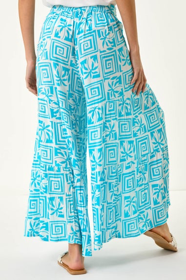 Roman Turquoise Palm Tile Print Tiered Palazzo Trouser