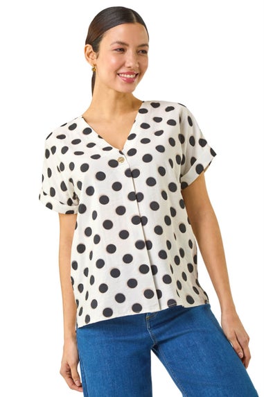 Roman Ivory Spotted Pleat Front V Neck Top