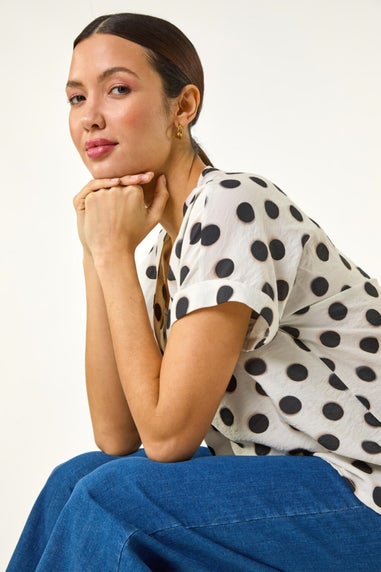 Roman Ivory Spotted Pleat Front V Neck Top