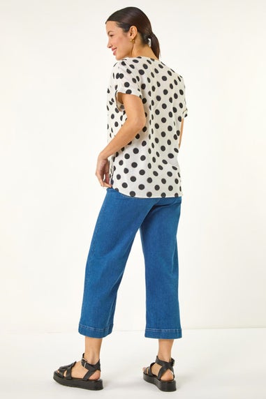 Roman Ivory Spotted Pleat Front V Neck Top