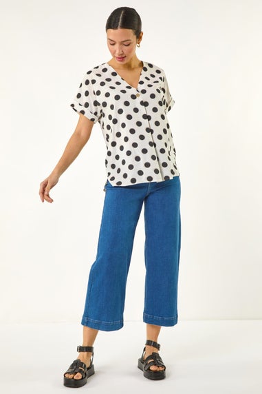 Roman Ivory Spotted Pleat Front V Neck Top