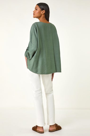 Roman Khaki Pleated V Neck Stretch Tunic Top