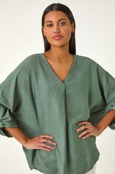 Roman Khaki Pleated V Neck Stretch Tunic Top