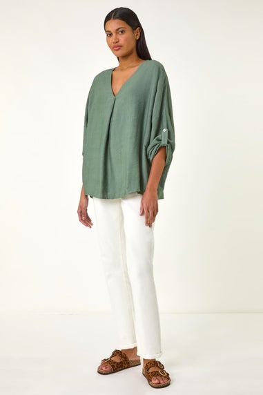 Roman Khaki Pleated V Neck Stretch Tunic Top