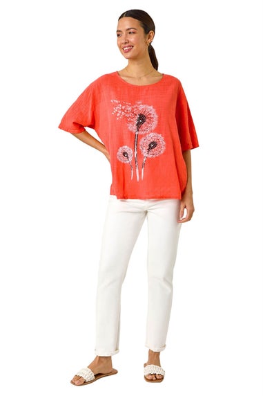 Roman Coral Dandelion Hotfix Tunic Top