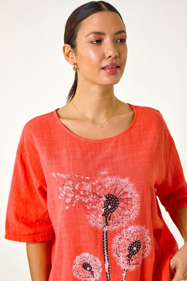 Roman Coral Dandelion Hotfix Tunic Top