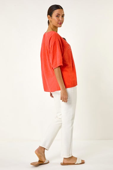 Roman Coral Dandelion Hotfix Tunic Top