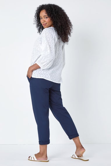 Roman White Petite Textured V Neck Cotton Blouse