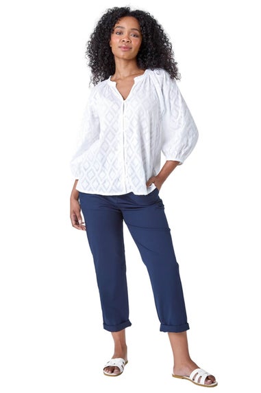 Roman White Petite Textured V Neck Cotton Blouse