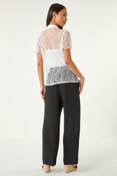 Roman Ivory Petite Lace Frill Button Blouse