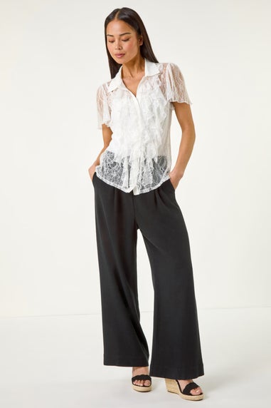 Roman Ivory Petite Lace Frill Button Blouse