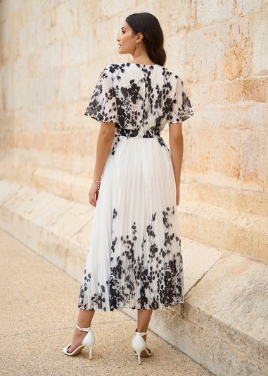Yumi White Mirror Floral Design Pleated Midi Dress