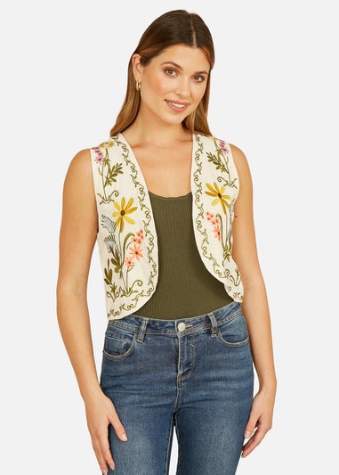 Yumi White Floral Embroidered Cotton Waist Coat