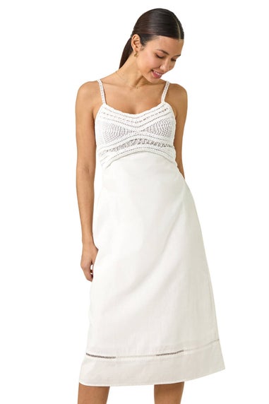 Roman White Lace Panel Strappy Midi Dress