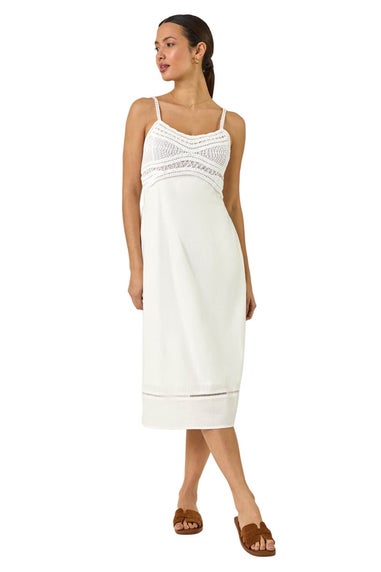 Roman White Lace Panel Strappy Midi Dress