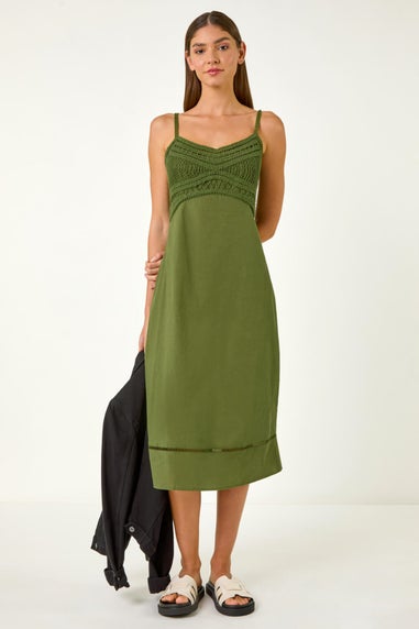 Roman Khaki Lace Panel Strappy Midi Dress