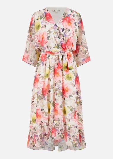 Yumi Ivory Vintage Floral Wrap Midi Dress With Frill
