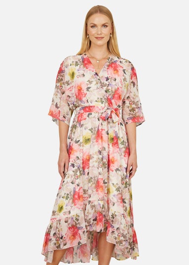 Yumi Ivory Vintage Floral Wrap Midi Dress With Frill