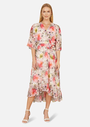 Yumi Ivory Vintage Floral Wrap Midi Dress With Frill