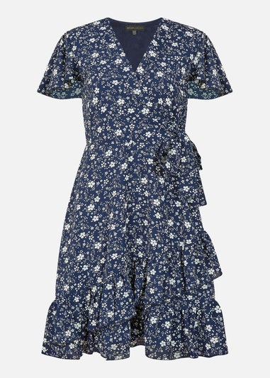 Yumi Navy Ditsy Floral Wrap Frill Dress