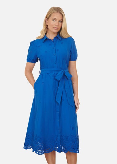 Yumi Blue Cotton Shirt Midi Dress With Cut Out Details