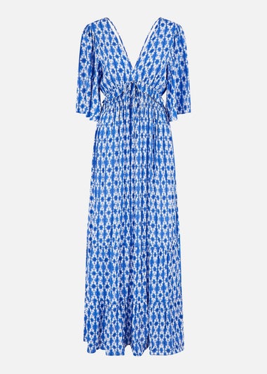 Yumi Blue Aztec Print Maxi Dress With Cross Over Back