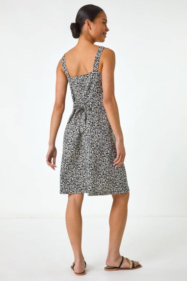 Roman Black Petite Floral Ditsy Button Dress