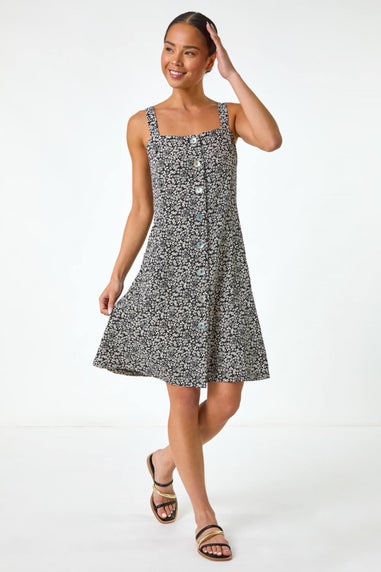 Roman Black Petite Floral Ditsy Button Dress