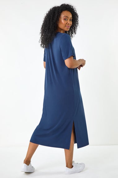 Roman Navy Petite V Neck Stretch Midi Dress