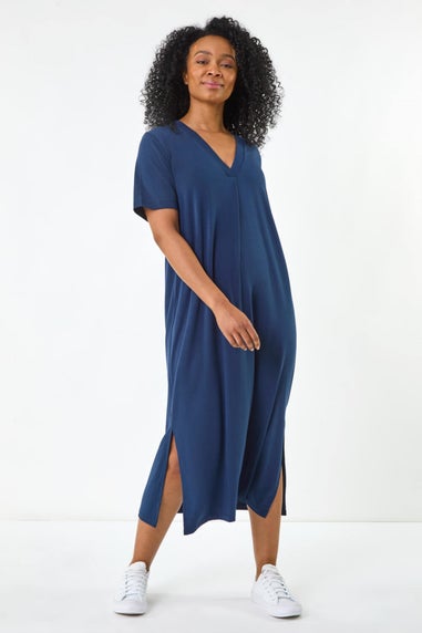 Roman Navy Petite V Neck Stretch Midi Dress